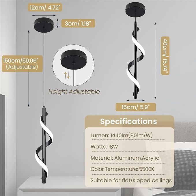 Modern Led Pendant Light Fixtures,6000K Cool White Black Led Pendant Lighting for Kitchen Island,Adjustable Height Hanging Light Fixtures for Kitchen Dining Room Living Room,1 Pack
