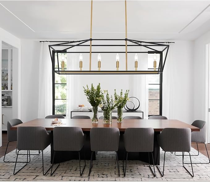 6-Lights Farmhouse Dining Room Chandelier, Rectangle Candle Pendant Lighting in Black Gold Finish, Kitchen Island Lighting for Living Room Restaurant
