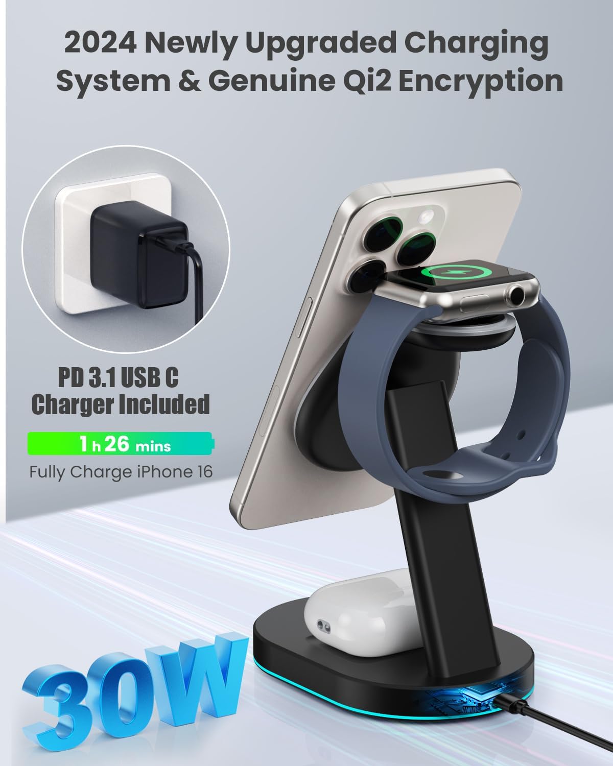 3 in 1 Wireless Charger Charging Station for iPhone,Qi2 Certified 15W Magnetic Charging Stand for Mag-Safe with 30W USB C Adapter&Friendly Night Light for iPhone 16/15/14/13/12,Apple Watch,AirPods