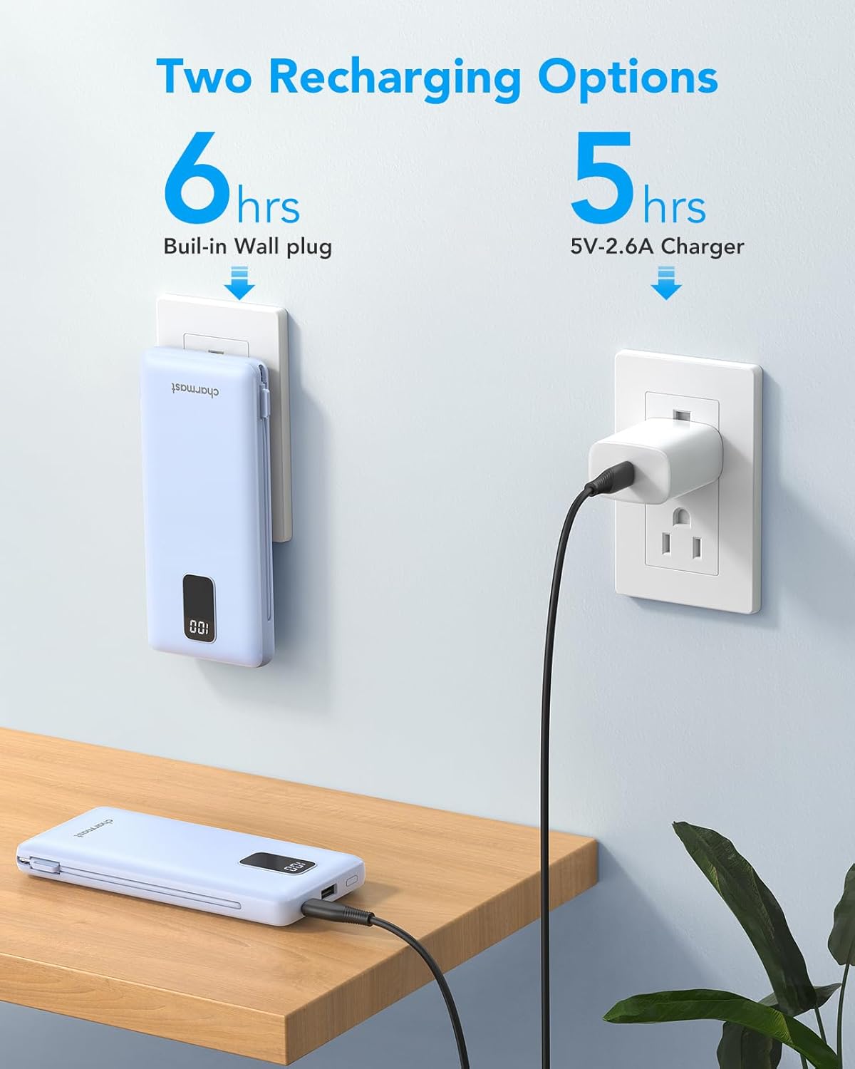 charmast Portable Charger with Built-in Cables & Wall Plug, 10000mAh Portable Power Bank, External Battery Pack Travel Essentials Compatible with iPhone 16/15/14/13, Samsung, iPad etc