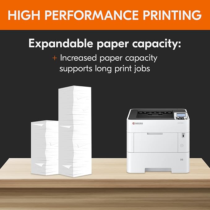 KYOCERA ECOSYS PA5000x Monochrome Laser Printer, 52 ppm, 600 x 600 dpi and Up to Fine 1200 dpi, 600 Sheet Tray, 100 Sheet MPT, Duplex, 5 Line LCD w/Hard Key Panel, Gigabit Ethernet, USB, 512 MB