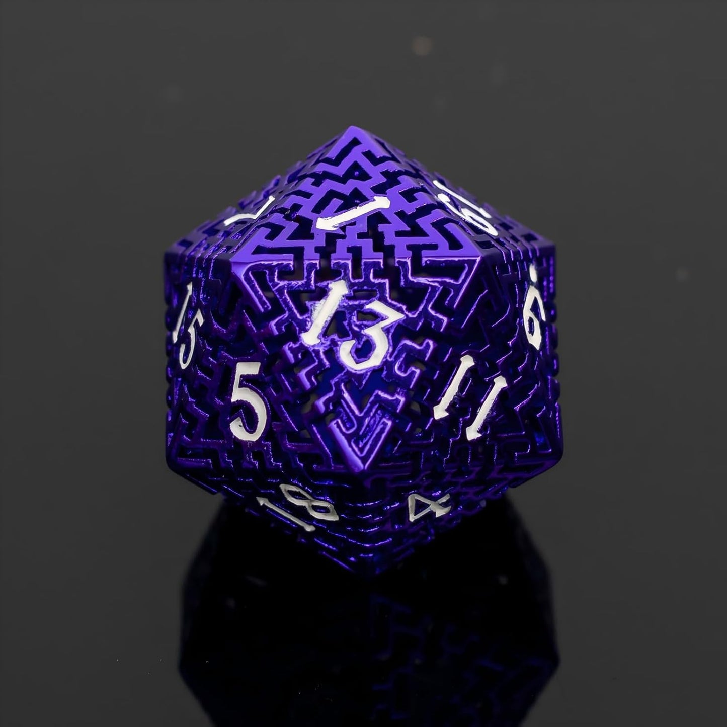 Purple Metal Hollow DND Dice Set (Warlock) Metallic Luster Maze Design with Storage Box - Balanced Weight 7 Piece Zinc Alloy, Designed for Dungeons and Dragons DM Player RPG Accessories