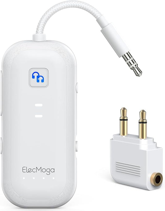 2026 Upgraded Airplane Bluetooth 5.4 Transmitter Bluetooth Adapter, ElecMoga Airplane Travel Essentials Supports 2 AirPods or Headphones, 2-in-1 AUX Wireless Transmitter Receiver for TV, Car, White