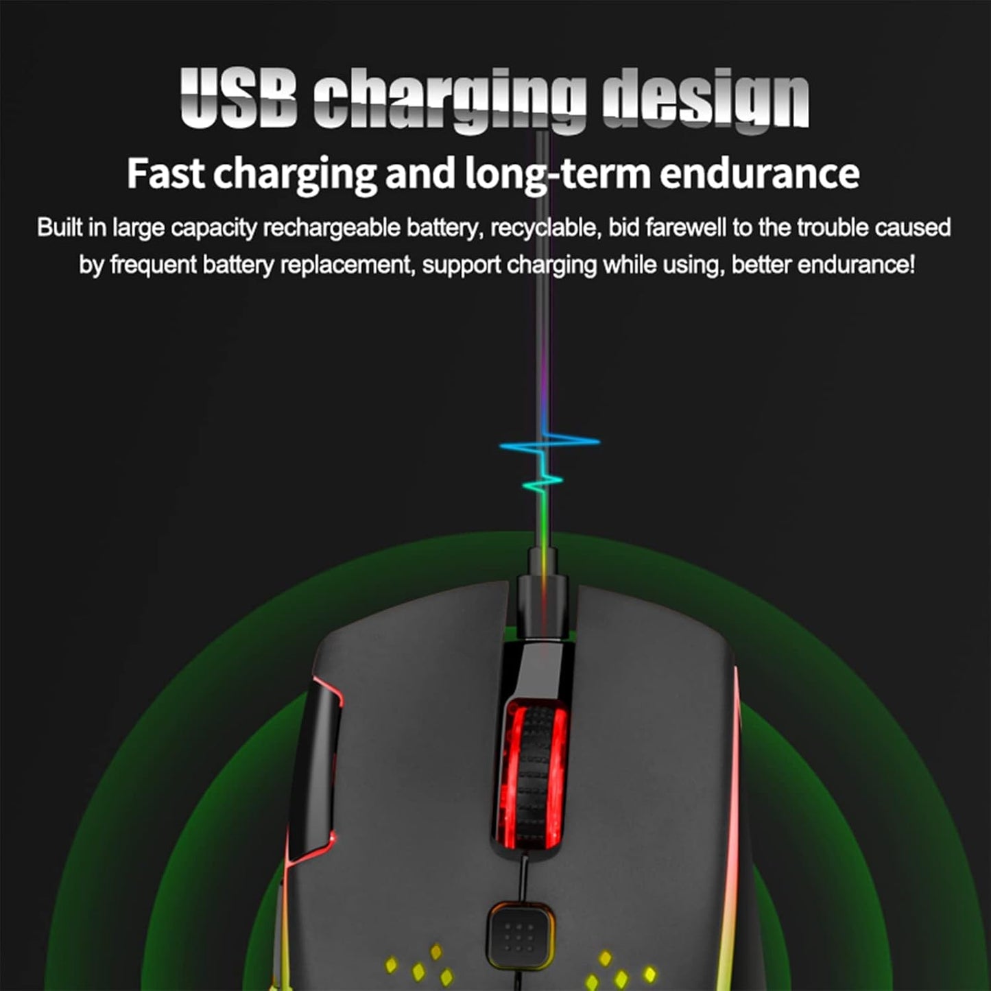 VEGCOO Wireless Gaming Mouse, C30 Silent Click Wireless Rechargeable Gaming Mouse with Double-Click Key and Colorful LED Lights, 3 Level Adjustable DPI, 400mah Lithium Battery for Gaming and Working