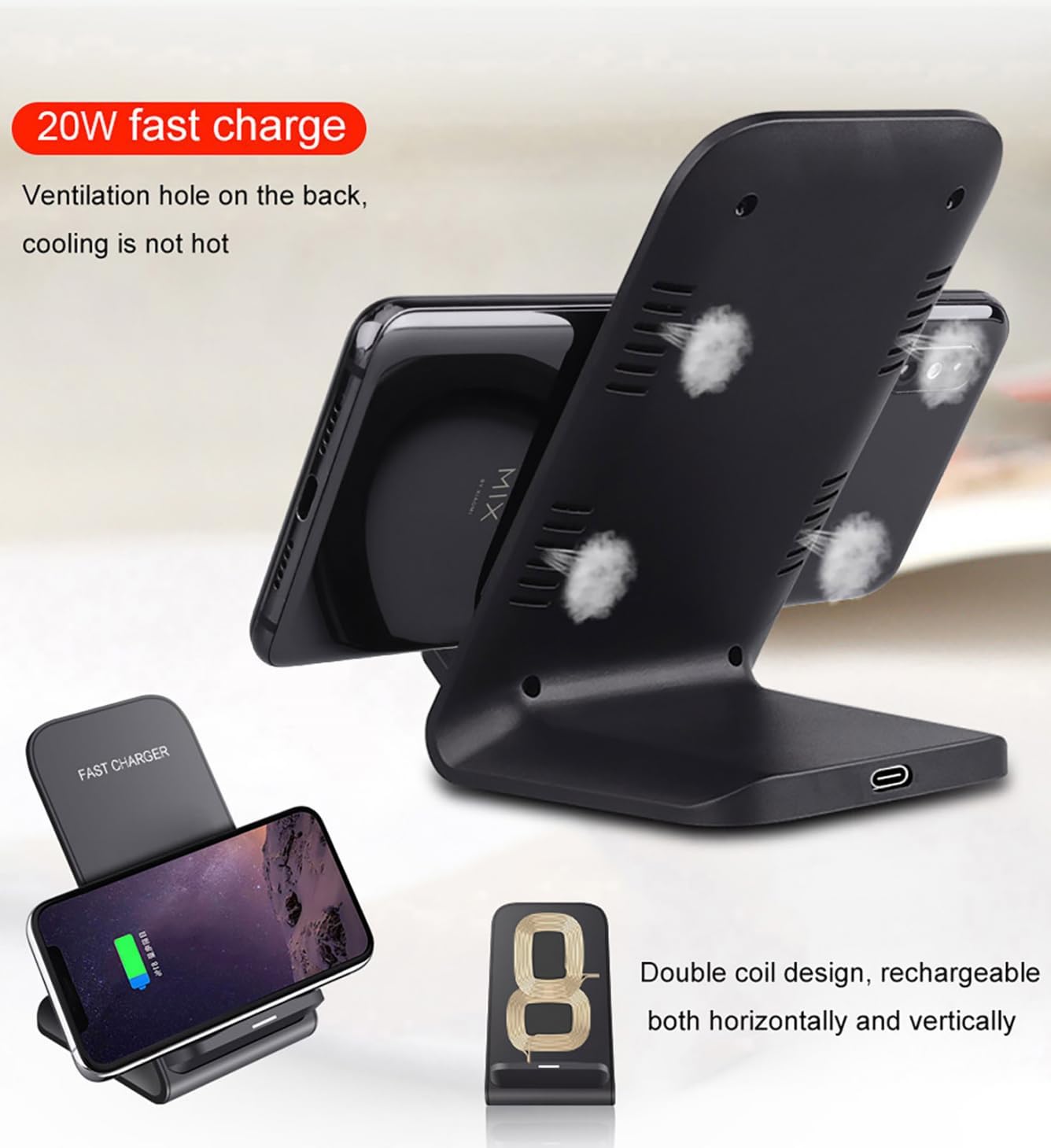 Wireless Charger(Stand), 20W Fast Wireless Charging Stand for Samsung Galaxy S24/S24+/S24 Ultra/S23/S22/S21/S20/S10/Note,for Google Pixel 8/7/6, for LG and More.