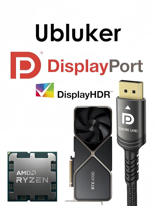 10K 8K DisplayPort 2.1 Cable 54Gbps 3.3 FT, Certified DP to DP Cord 4K 240Hz 165Hz 144Hz 120Hz 10K 8K 120Hz Nylon Braided UHBR HDCP2.3 FreeSync G-Sync RTX5090 Gaming Monitor PC Projector