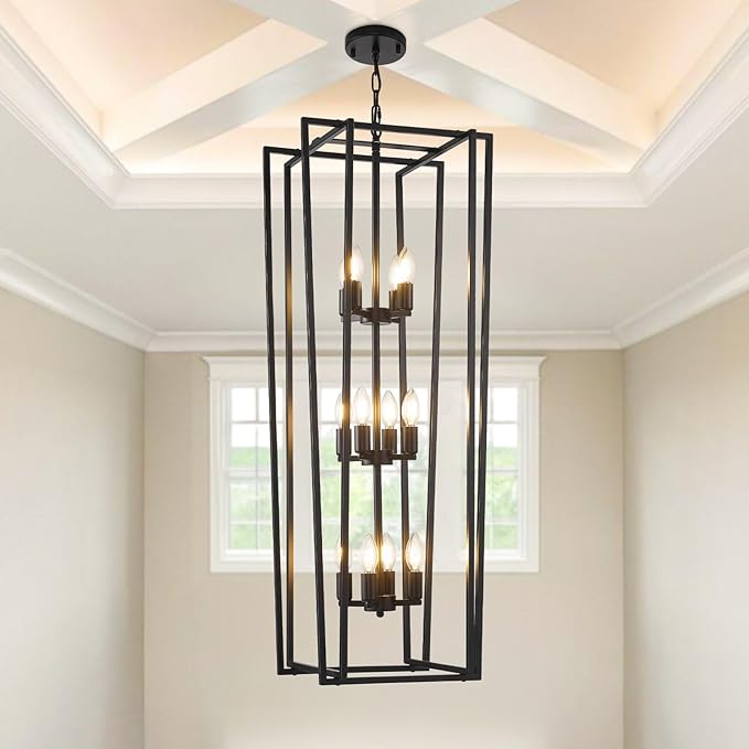 12-Light Tiered Lantern Pendant Light Fixtures,Large Foyer Chandeliers for High Ceilings,Industrial Foyer Lighting Fixtures,Long Chandeliers for High Ceilings,Farmhouse Chandelier for Entryway, Black