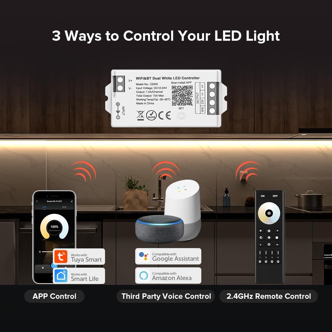 BTF-LIGHTING C02W CCT PWM (+ CW WW) 3PIN Color Temperature LED Strip Dual White 2.4GHz Tuya WiFi Group Controller Alexa Google Home Compatible with WR02RF RC02RFB Remote
