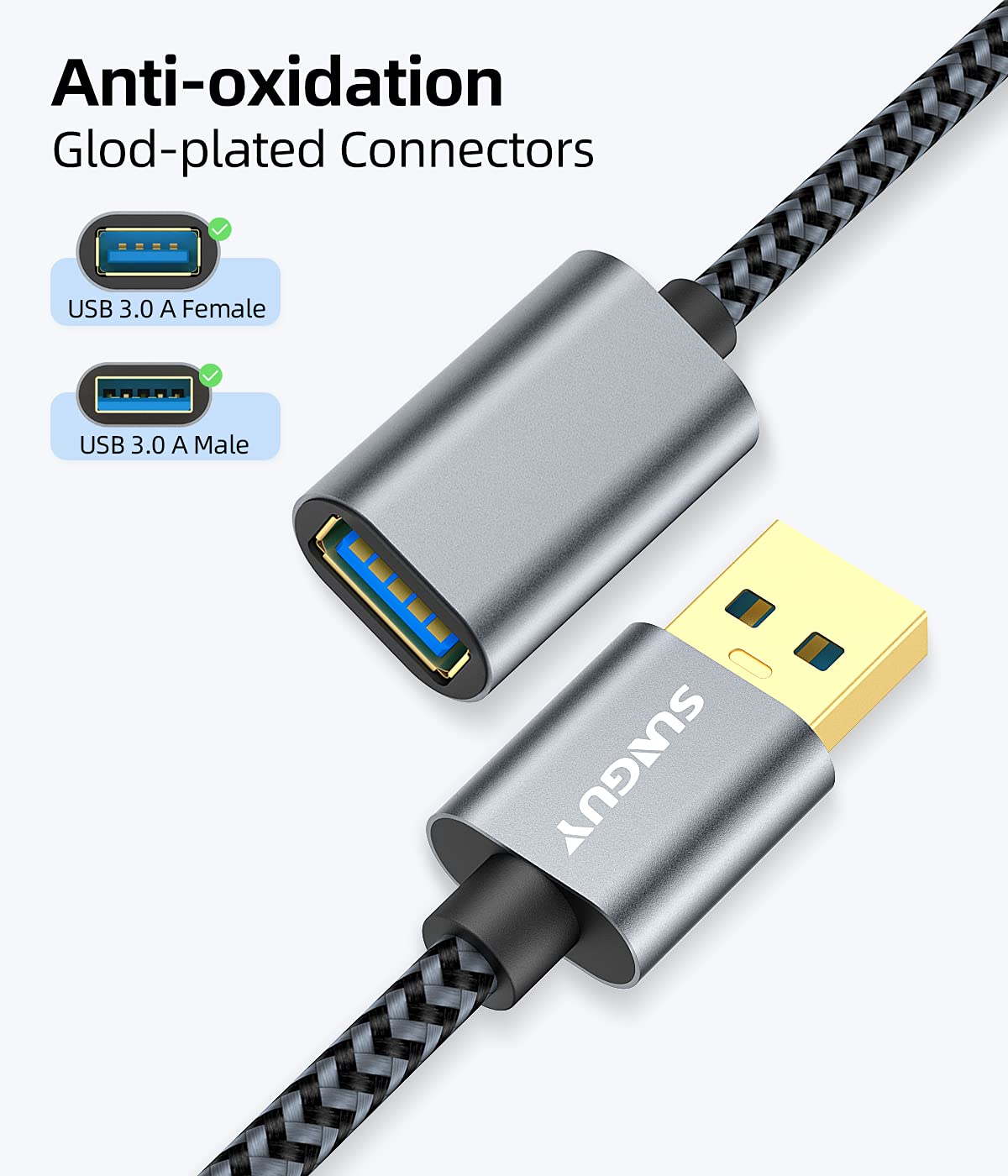 SUNGUY 5Gbps USB 3.0 Extension Cable, 6FT USB Extender, USB A Male to Female Cord, Braided High Data Transfer Compatible with Xbox, Hard Drive, Webcam, USB Keyboard, Mouse, Flash Drive, Oculus VR