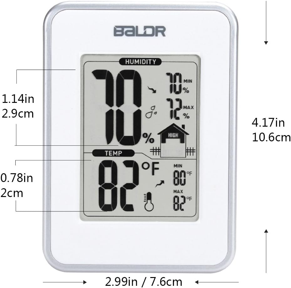 BALDR Digital Thermometer Hygrometer Monitor Indoor Temperature & Humidity Gauge, Min, Max, and Trend Indicator, White