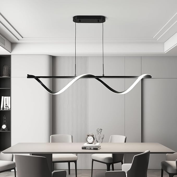 ziidoo Kitchen Island Lighting ，43.3in Dimmable Dining Room Light Fixture Over Table Linear LED Black Wave Spiral Chandeliers Modern Pendant Lights for Living Room Ceiling Hanging Light