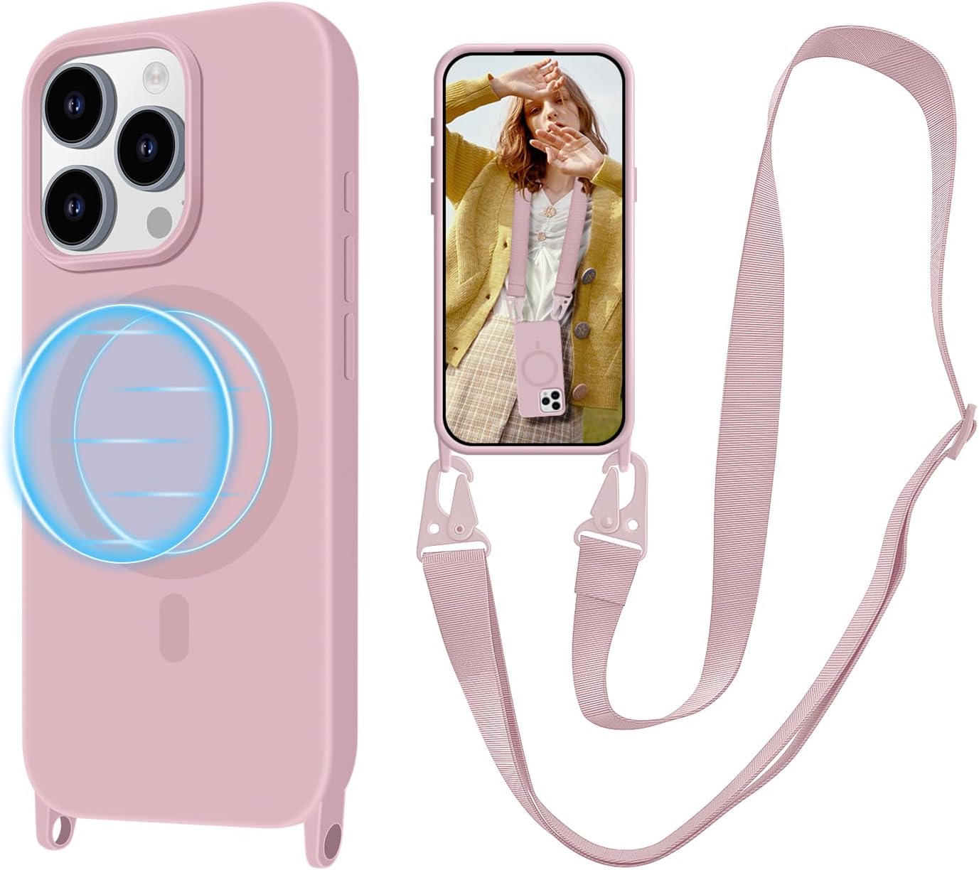 for iPhone 16 Pro Max Case with Lanyard [Compatible with MagSafe], Crossbody Phone Case with Neck Strap Adjustable, Magnetic Phone Cover for iPhone 16 Pro Max 6.9'' Pink
