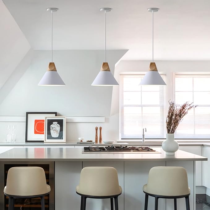Modern Pendant Lights Kitchen Island,Solid Wood Matte White Ceiling Hanging Lamp,Pendant Lighting for Dining Room Coffee Bar (White-3 Pack)