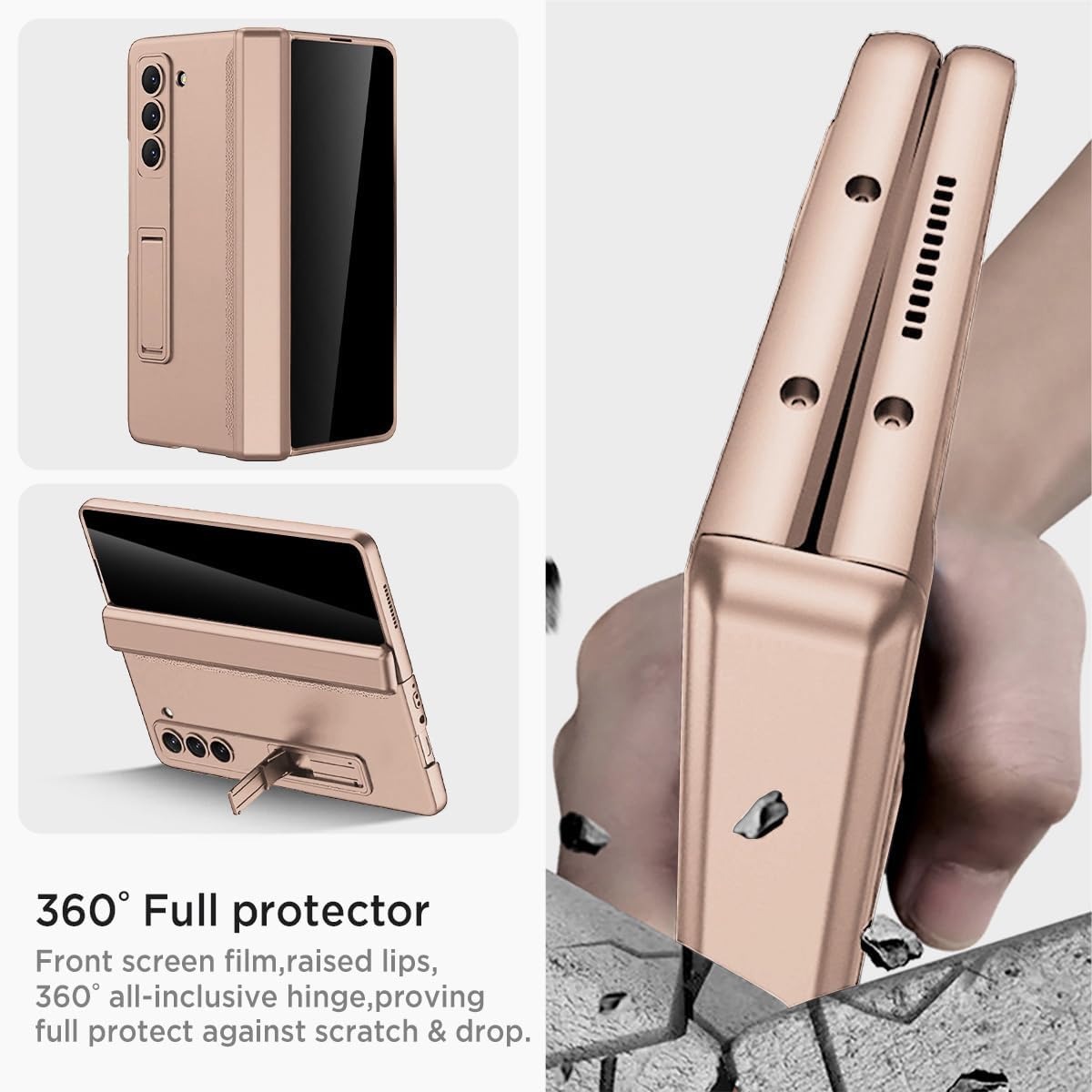 Miimall for Samsung Fold 6 Case with Privacy Screen Protector, Built-in Adjustable Kickstand & Magnetic Hinge & Camera Lens Protective All-Inclusive Phone Case for Galaxy Z Fold6 5G Champagne Gold