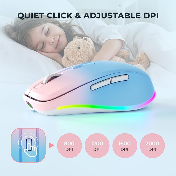 PEIOUS Wireless Mouse Jiggler - LED Wireless Mice with Build-in Mouse Mover, Rechargeable Moving Mouse for Laptop with Undetectable Random Movement Keeps Computers Awake - Blue to Pink