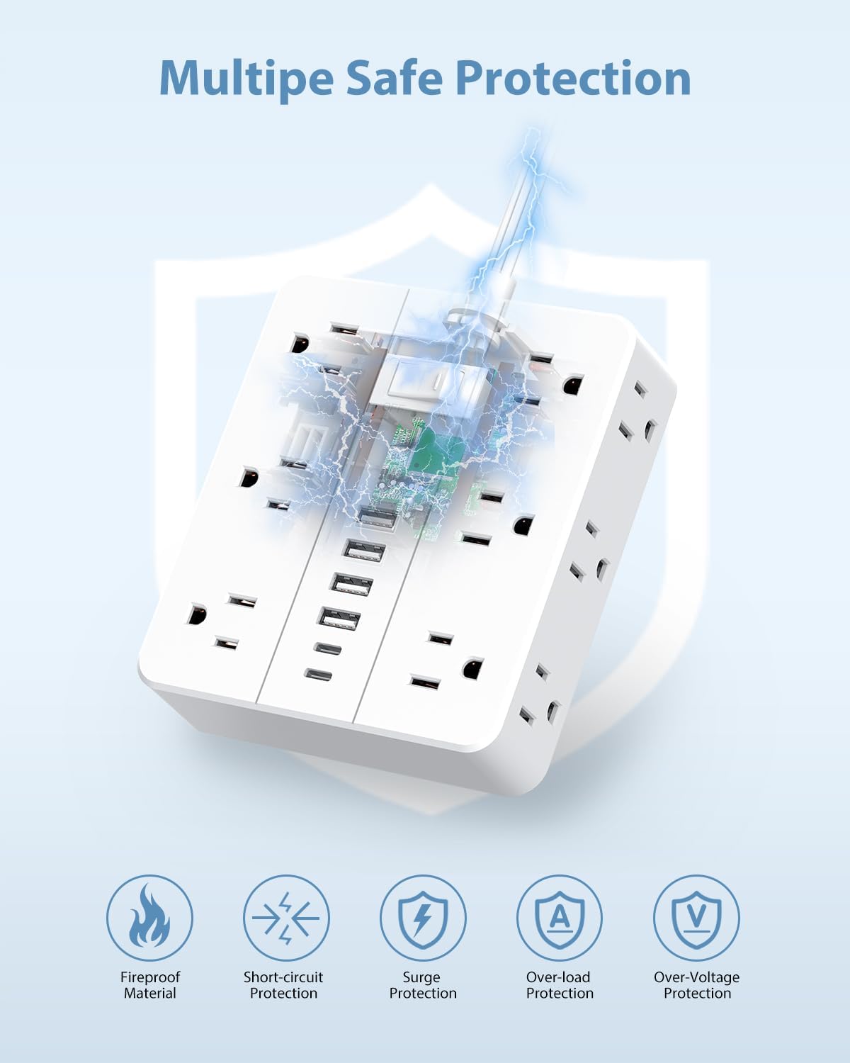 Power Strip Flat Plug with 12 Outlets 6 USB(2 USB C),SMNICE Surge Protector Charging Station with Overload Protection,5ft Extension Cord Widely Spaced Multiple Outlets for Home Office Dorm Essentials