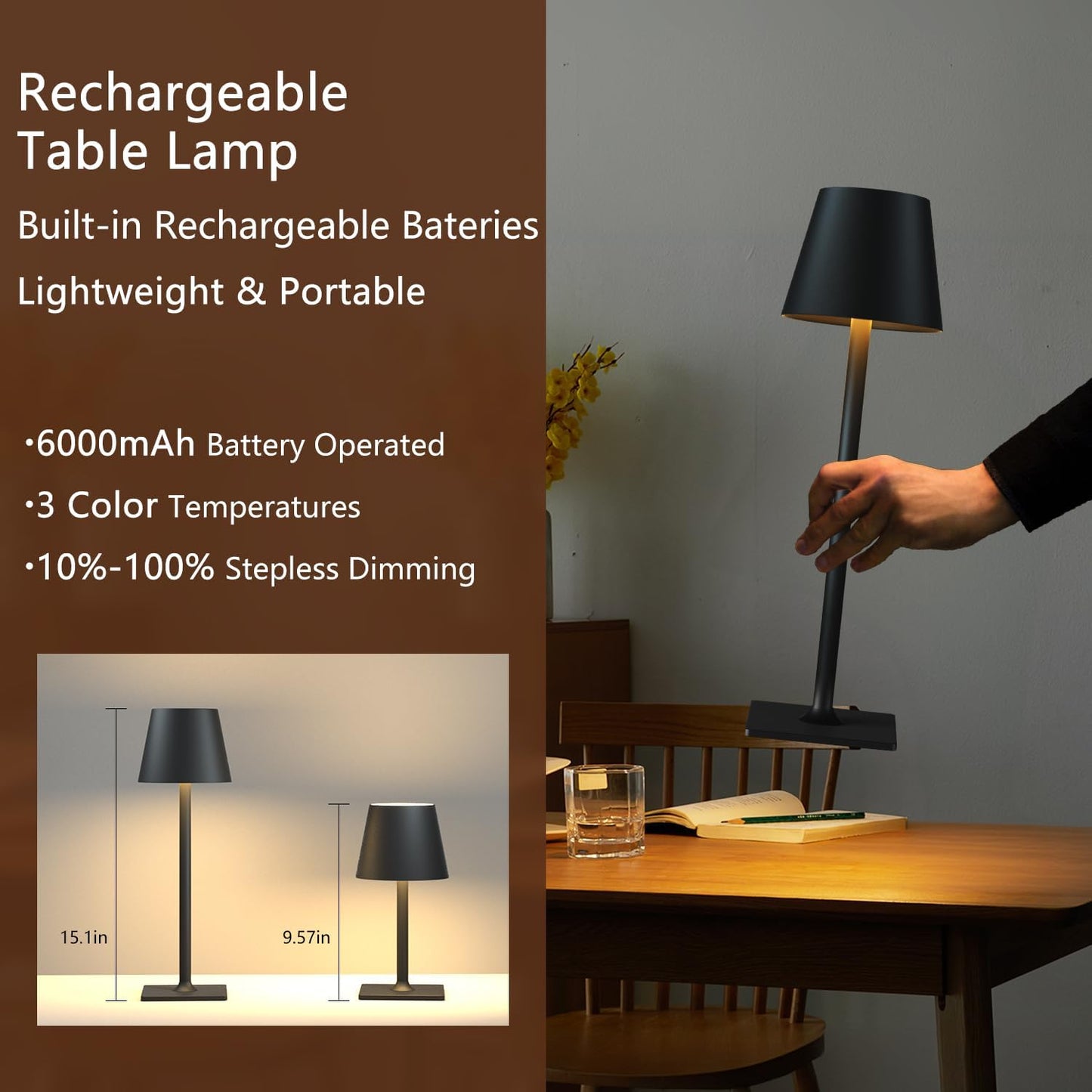 4 Pack Cordless Table Lamps, Portable Rechargeable Lamp, 6000mAh Battery Operated, 3 Color Dimmable LED Table Light for Restaurant/Bedroom/Outdoor Party/Camping/Cafe Night Light(Black)