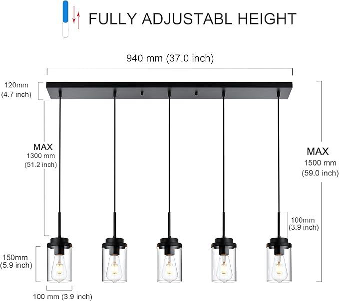 MELUCEE Kitchen Island Lighting Modern 5 Lights Linear Chandeliers for Dining Room, Industrial Black Pendant Light Fixtures Ceiling Hanging with Clear Glass Shade, 37 Inches Length
