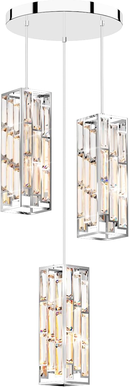 3-Light Chrome Pendant Lights Modern Pendant Light Fixture, Mini Crystal Pendant Ceiling Light, Pendant Light for Kitchen Island, Dinning Room, Bedroom, Kitchen Sink Lighting (3 Lights)