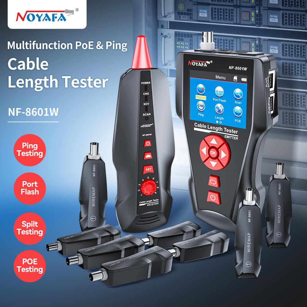 NOYAFA NF-8601W Network Cable Tester,LAN Ethernet Cable Tester RJ45 UTP STP Diagnose Tone Tracer Network Cable Length Tester for RJ45, RJ11, BNC, PING/POE 8 Identifier Telephone Wire Tracker