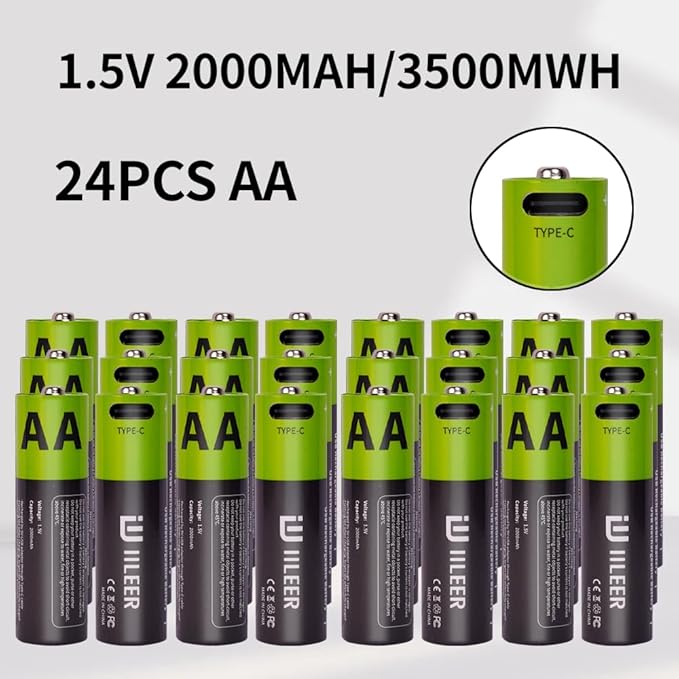 2000mAh USB-C Rechargeable AA Batteries, 1200 Cycles Life, Fast Charging with Type-C Cable, for Gaming Controllers, Mouse, Keyboard & Home Electronics, Black Green (24)
