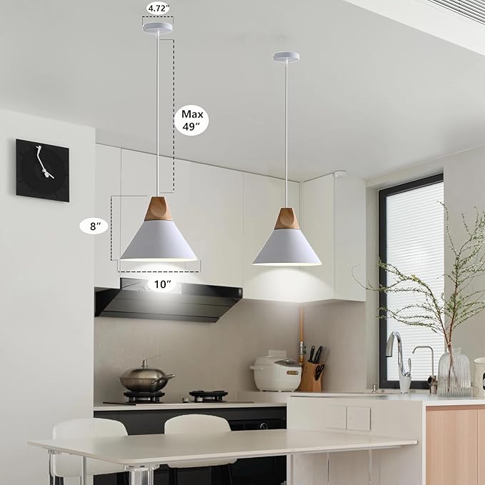 Modern Pendant Lights Kitchen Island,Solid Wood Matte White Ceiling Hanging Lamp,Pendant Lighting for Dining Room Coffee Bar (White-2 Pack)