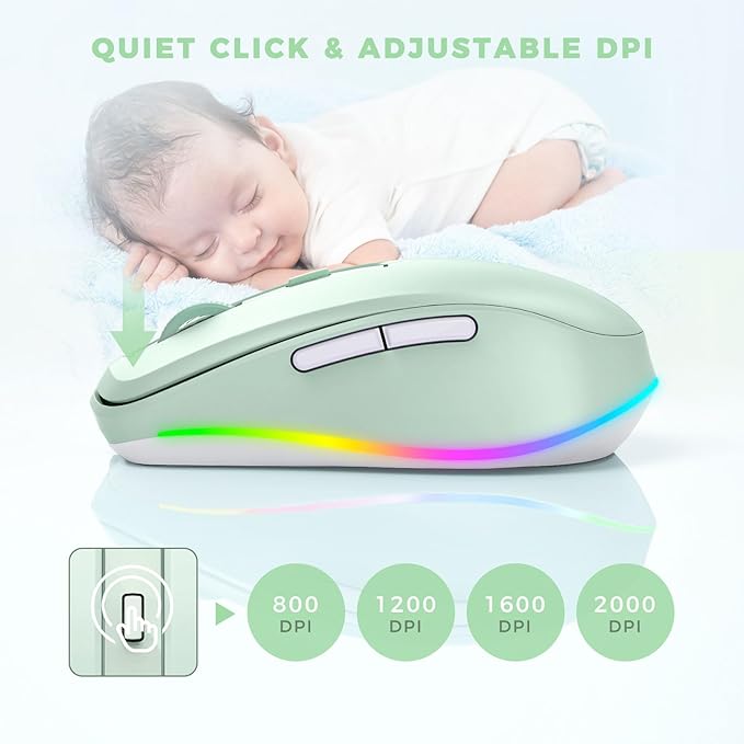 PEIOUS Wireless Mouse Jiggler - LED Wireless Mice with Build-in Mouse Mover, Rechargeable Moving Mouse for Laptop with Undetectable Random Movement Keeps Computers Awake-Light Green