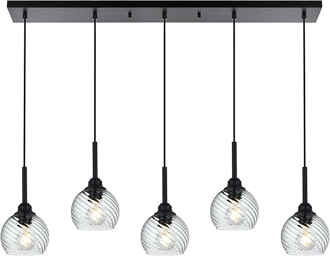 5 Light Kitchen Pendant Lighting Over Island with Striped Swirl Globe Glass, Black Blown Glass Pendant Light Hanging Ceiling Lamp Contemporary Chandelier for Dining Room Bar Living Room
