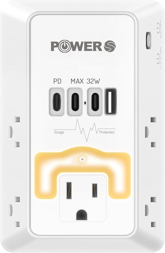 20W PD Fast Charging Wall Outlet with USB Ports (3C1A), Electrical Outlet Extender with Night Light, Surge Protector, Wall Plug Adapter for Multiple Devices, Wall Socket Expander