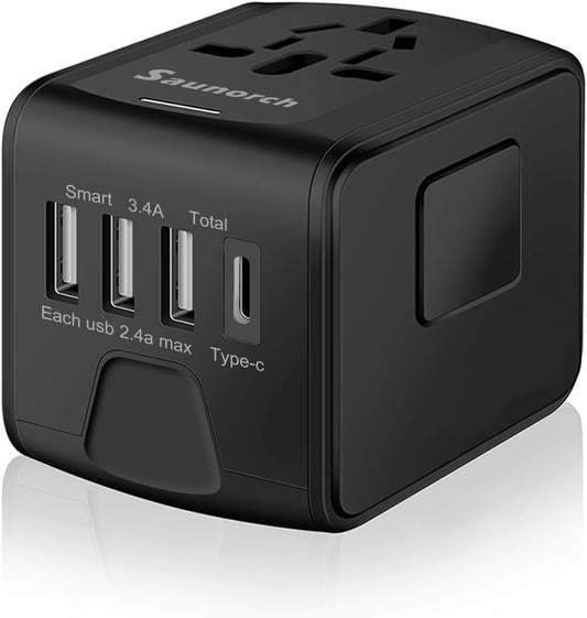 Universal International Travel Power Adapter W/High Speed 2.4A USB, 3.0A Type-C Wall Charger, European Adapter, Worldwide AC Outlet Plugs Adapters for Europe, UK, US, AU, Asia-Black
