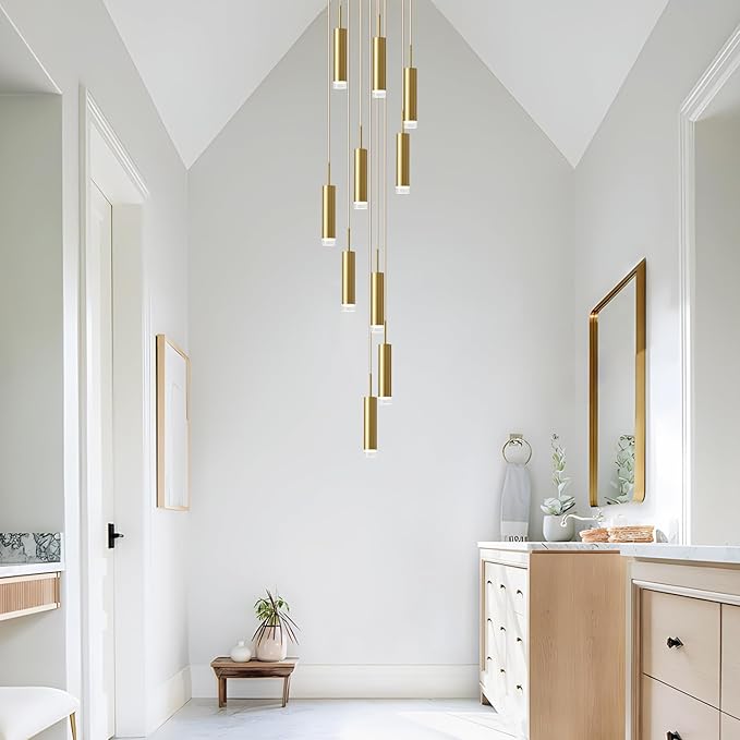 KCO Lighting Brushed Brass Mid Century Pendant Light Gold Kitchen Lights Ceiling Hanging Modern Farmhouse Pendant Lighting Large Entryway Hanging Light Fixture