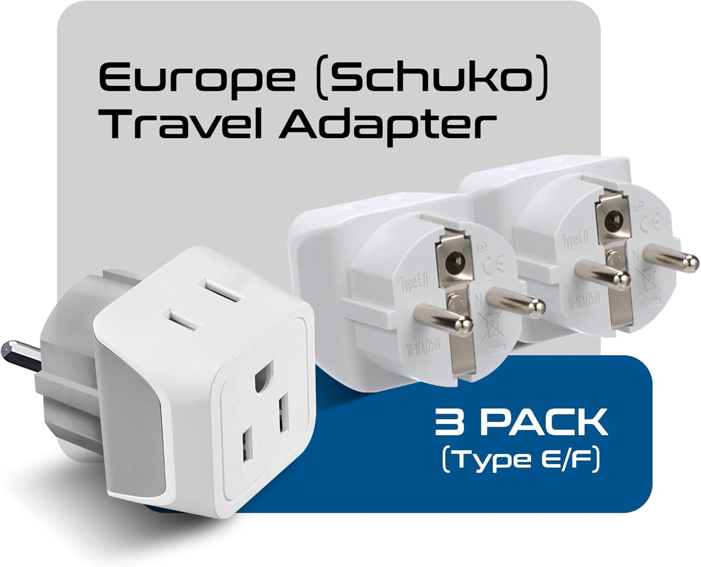 Ceptics Schuko Germany, France Plug Adapter, Dual Input - Ultra Compact Light Weight - Usa to Russia, South Korea Travel Adaptor Plug - Type E/F (3 Pack)