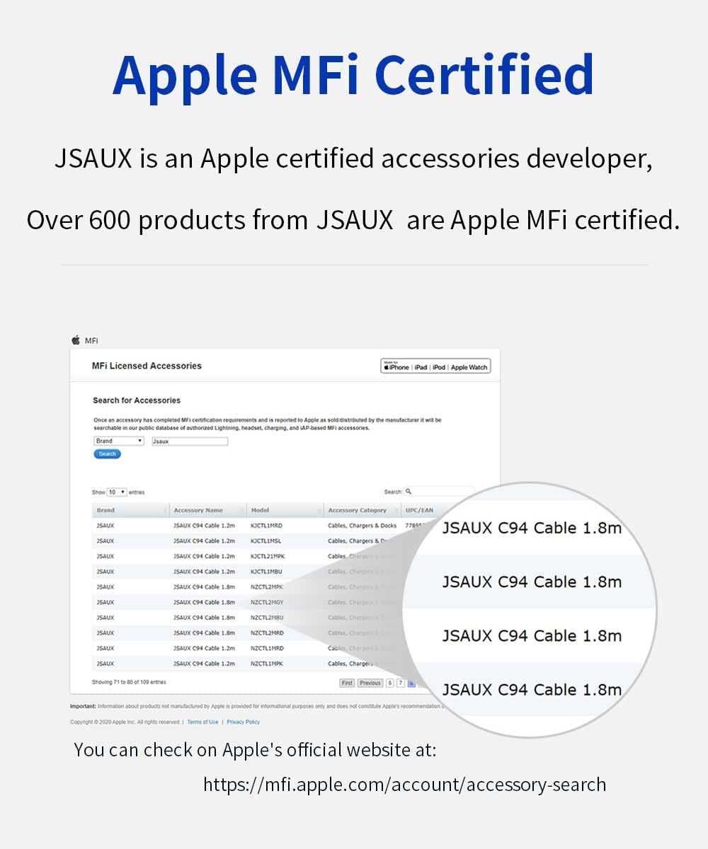 JSAUX MFi Certified Lightning Cable 6ft, Charger Cable for iPhone Nylon Braided Heavy Duty, Upgraded C89 USB Lightning Cord for iPhone 11 Xs Max X XR 8 7 6s 6 Plus SE 5 5s, iPad, iPod-Red