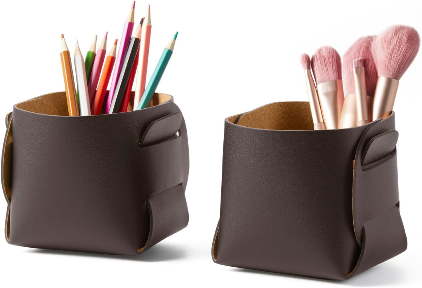 HOMIEAZICOZI 2-Pack Cork Leather Desk Accessories Storage - Pencil Pen Holder - Makeup Brush Holder Organizer - Stylish Addition to Home Decor (Coffee)