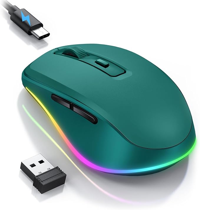 PEIOUS Wireless Mouse Jiggler - LED Wireless Mice with Build-in Mouse Mover, Rechargeable Moving Mouse for Laptop with Undetectable Random Movement Keeps Computers Awake - Dark Green