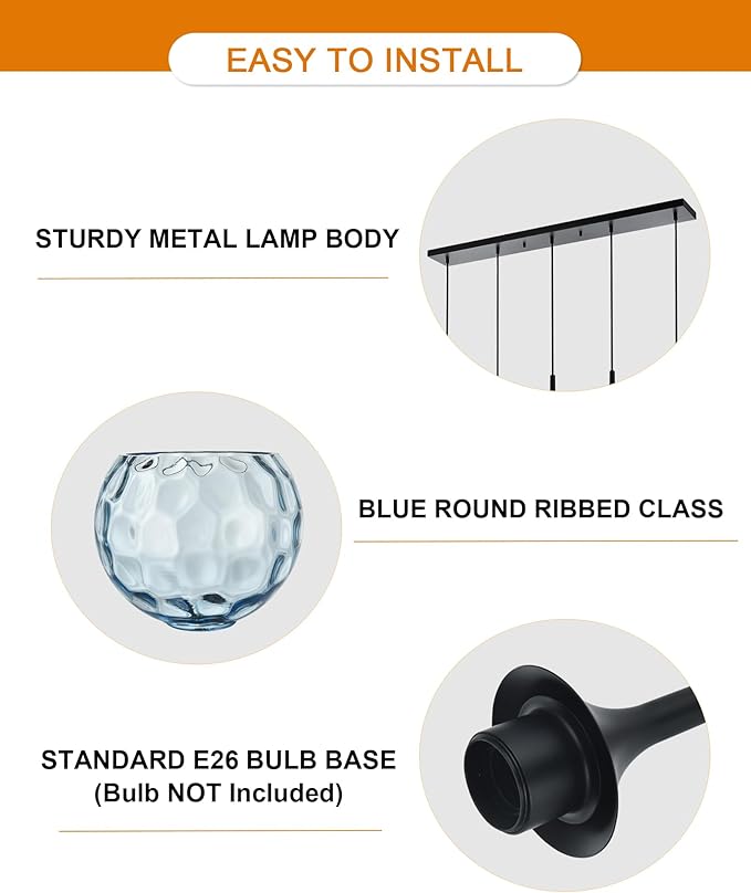 VINLUZ Farmhouse Chandelier 5-Light Classic Pendant Light with Blue Round Ribbed Glass Shade, Black Finish Linear Hanging Lighting Dining Room Light Fixture