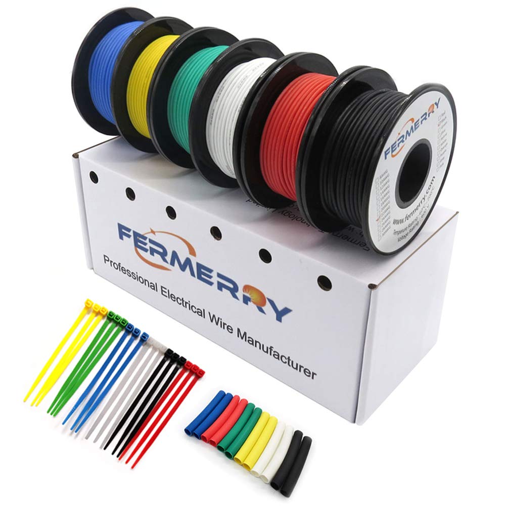 Fermerry 24 AWG Stranded Wire Spool 100ft Each 6 Colors Flexible 24 Gauge Silicone Hook up Wire Kit Electrical Tinned Copper Wire