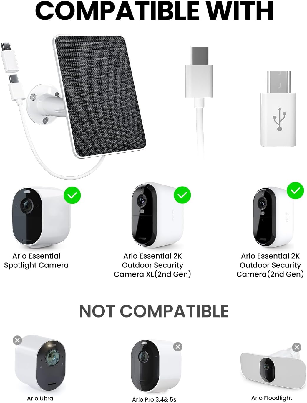 5W Solar Panel Charger Compatible with Arlo Essential 2K Outdoor Camera(2nd Gen)/Essential Outdoor XL(2nd Gen)/Essential Spotlight, IP65 Waterproof 10ft USB-C & Micro USB Cable & Wall Mount, 3 Pack