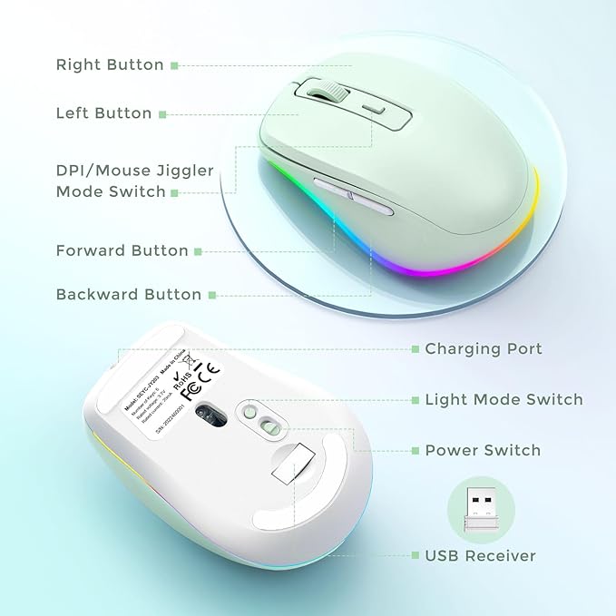 PEIOUS Wireless Mouse Jiggler - LED Wireless Mice with Build-in Mouse Mover, Rechargeable Moving Mouse for Laptop with Undetectable Random Movement Keeps Computers Awake-Light Green