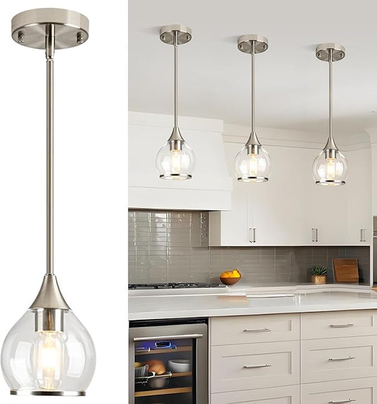 1-Piece Brushed Nickel Island Light for Kitchen, 1-Light Brushed Nickel Hanging Pendant Light with Clear Round Glass Shade for Dining Room,Bedroom