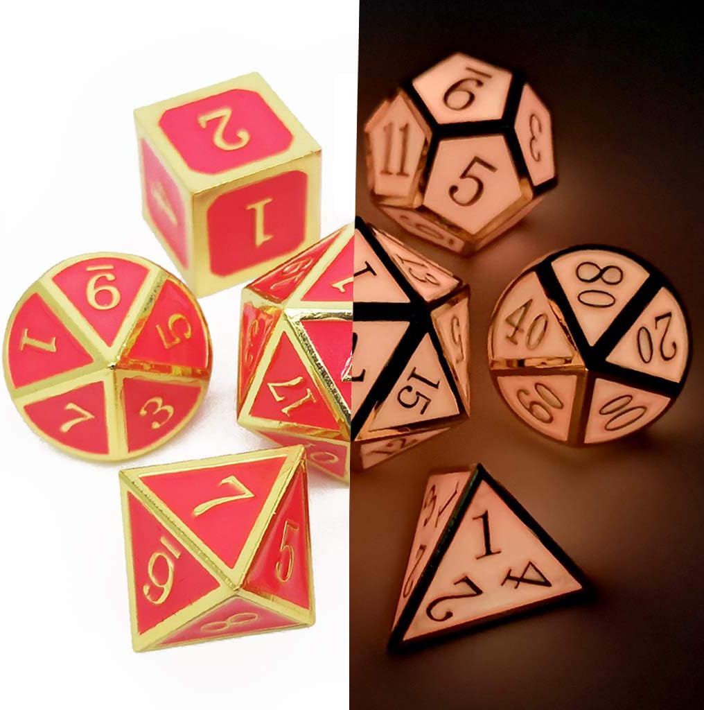 Haxtec Glow in The Dark Metal DND Dice Set Gold Pink D&D Dice Compatible with Dungeons and Dragons-Gold Glowing Red/Cream Pink