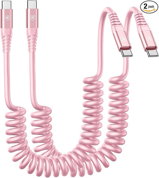 USB C to C Cable 6FT, 2Pack Coiled USB C Fast Charging Cable for Car, CarPlay iPhone USB-C Cable/Android Auto USB C Cord, USB Type C Cable for iPhone 17/16/15/Pro Max/Samsung Galaxy S23 and More-Pink