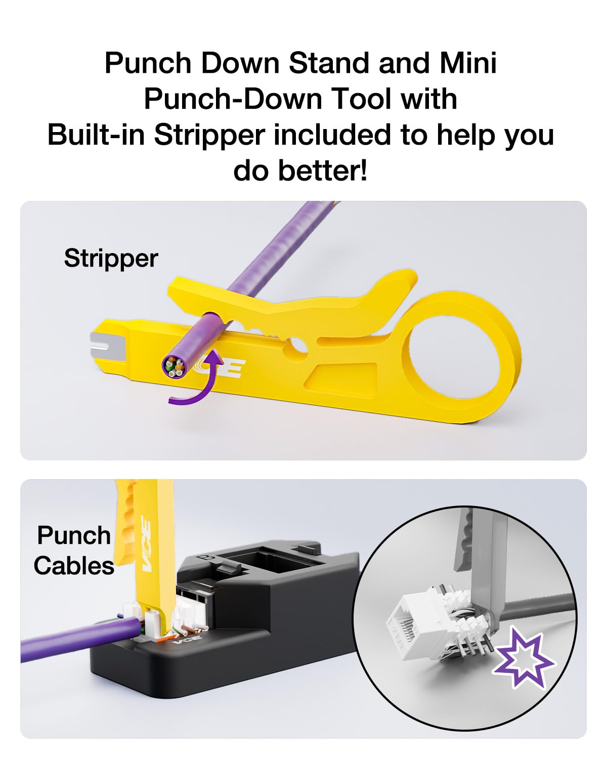 VCE RJ45 Cat6 Keystone Jacks UL Listed 50-Pack, UTP Ethernet Keystone Jacks with Keystone Punch Down Stand Tool and Wire Stripper Cutter, Black
