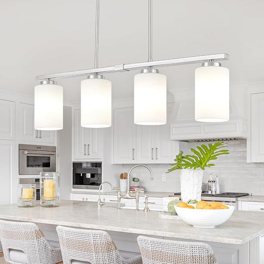 4-Light Kitchen Island Lighting, Brushed Nickel Dining Room Light Fixtures Over Table, Modern Farmhouse Chandeliers with Milky Glass Shade Pendant Light for Dining Room Kitchen Island