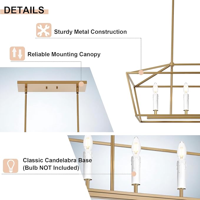 4-Light Gold Kitchen Island Lighting Over Table, Modern Lantern Cage Chandelier Pendant Light Fixture with Height Adjustable, E12 Bulb Base