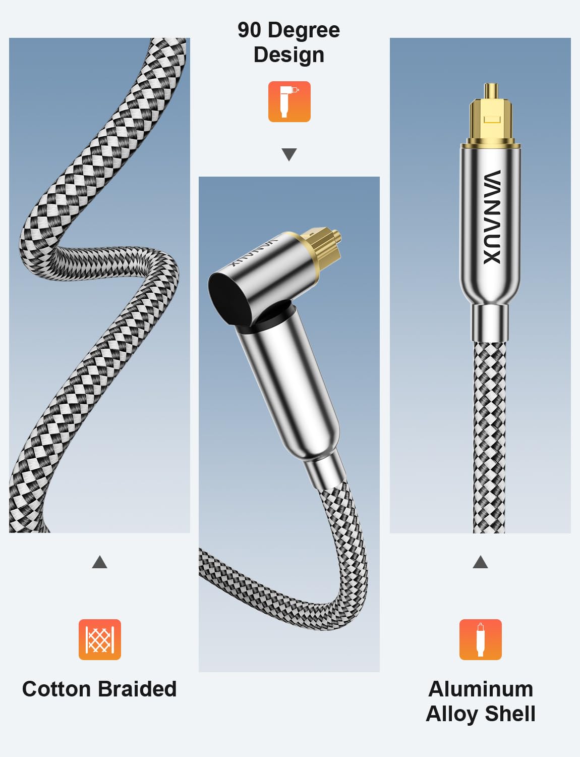 VANAUX 90-Degree Optical Audio Cable 6FT,Premium Fiber Optic Toslink Cable(24K Gold-Plated Connectors,Aluminum Alloy Shell,Braided Jacket)Ideal for Tight Spaces,Home Theater,Soundbars,Gaming Consoles