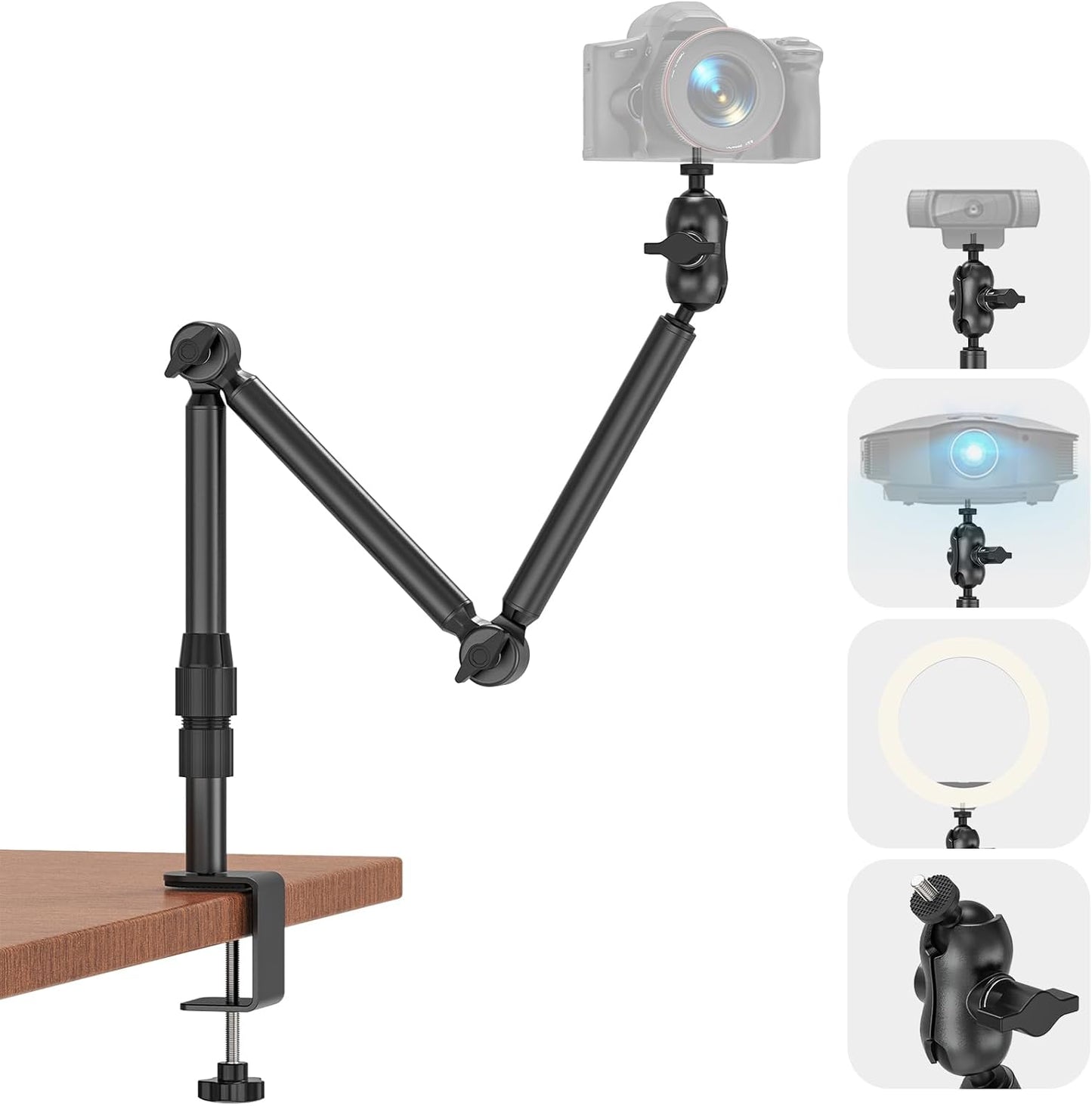 Overhead Camera Mount for Desk, 30.9" Foldable Camera Desk Mount Stand with 1/4" Screws, 360° Rotation 3-Sections Tabletop Holder with C-Clamp for DSLR, Digicam, Webcam, Mini Projector, Microphone