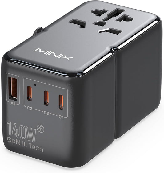 MINIX 140W Universal Travel Adapter, GaN III International Power Adapter, 3 USB-C 1 USB-A Ports, AC Outlet, Worldwide US/UK/EU/AU Travel Charger for Cameras Laptops Tablets Phones and More