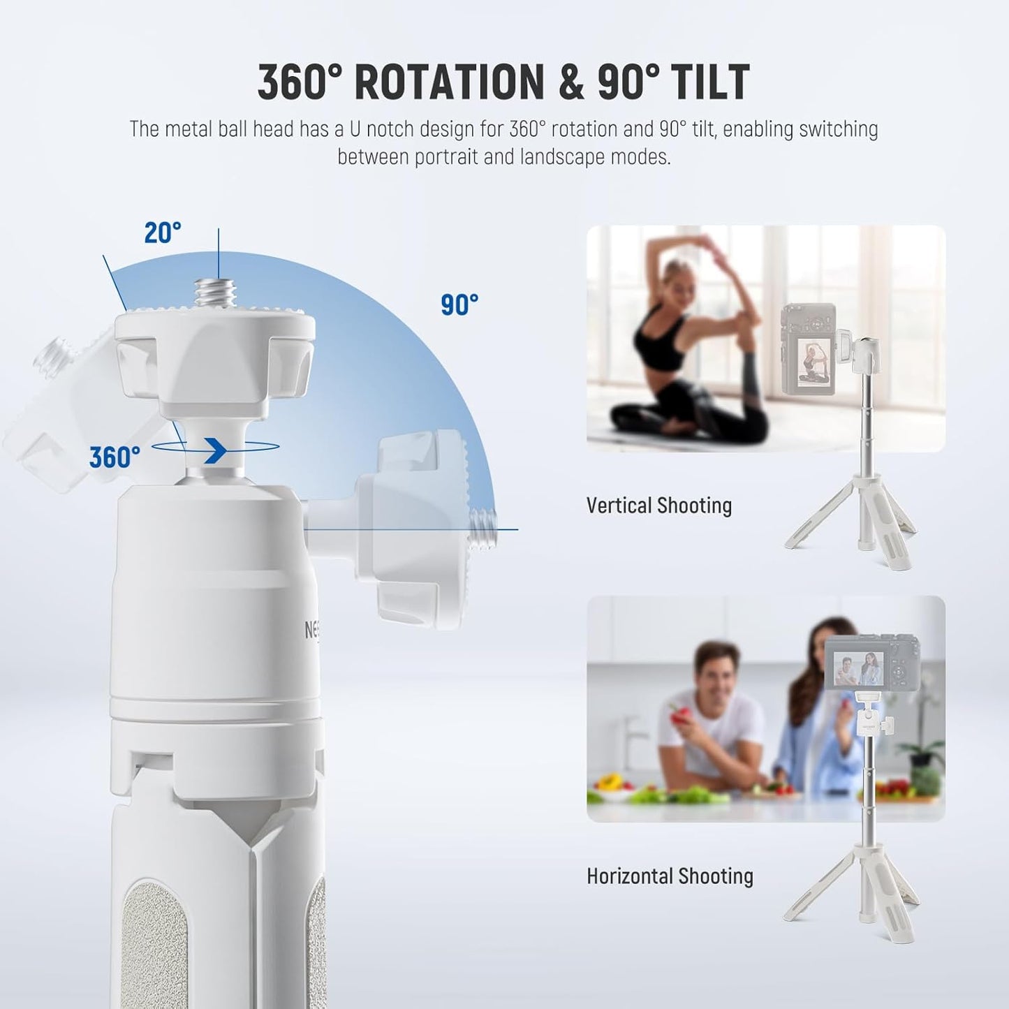 NEEWER Basics Mini Desk Selfie Stick Tripod Compatible with iPhone GoPro Insta360 DJI, Portable Small Camera Webcam Android Cell Phone Holder Ball Head Elevated Axis Video Recording Stand, TP43 White