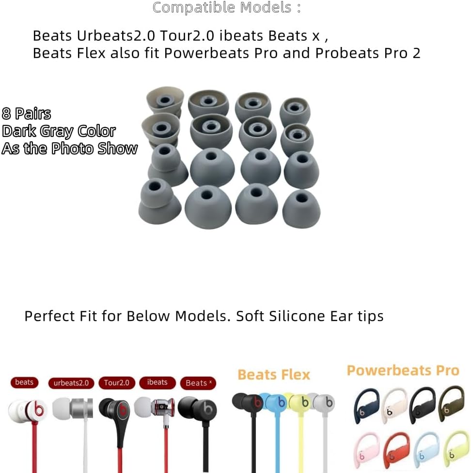 Replacement Ear Tips for Beats Urbeats2.0 Tour2.0 ibeats Beats x, Beats Flex Secure Fit for Powerbeats Pro Silicone Earbuds Washable Sweat-Resistant Noise Isolation 8 Pairs (Dark Grey)